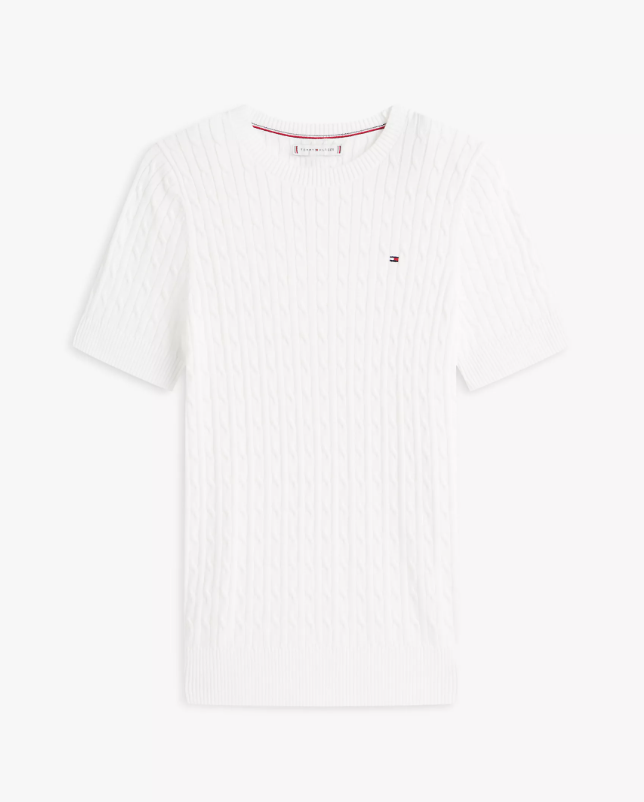 [S] TOMMY HILFIGER ECRU SHORT-SLEEVE CABLE KNIT SWEATER, XW07177-100 (STH1500)