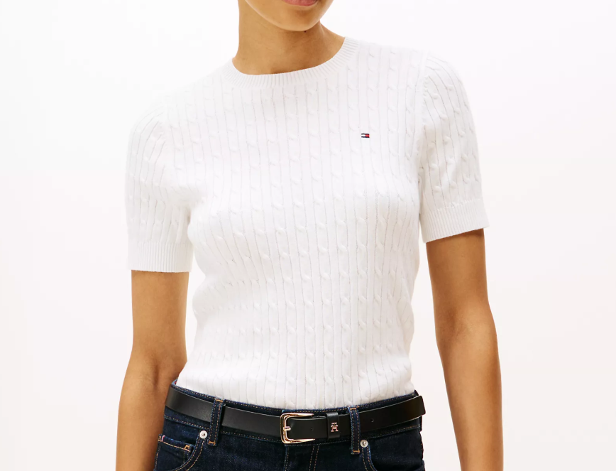 [S] TOMMY HILFIGER ECRU SHORT-SLEEVE CABLE KNIT SWEATER, XW07177-100 (STH1500)