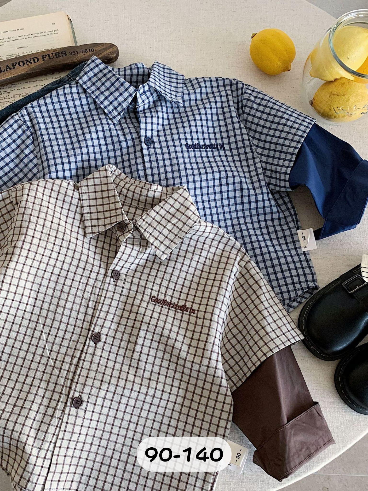 小格子假兩件 長袖上衣/襯衫