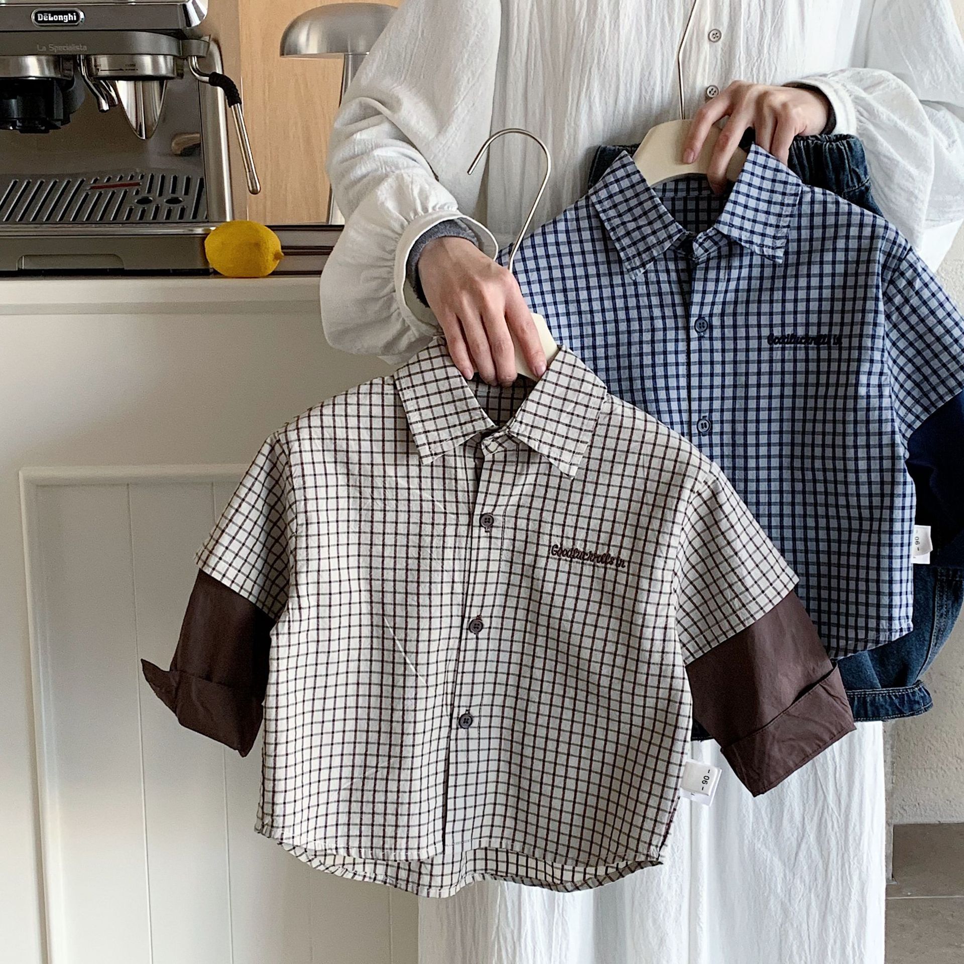 小格子假兩件 長袖上衣/襯衫