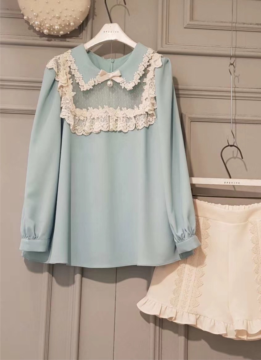 K20100202滾玫瑰蕾絲領子雪紡上衣 綠色現貨