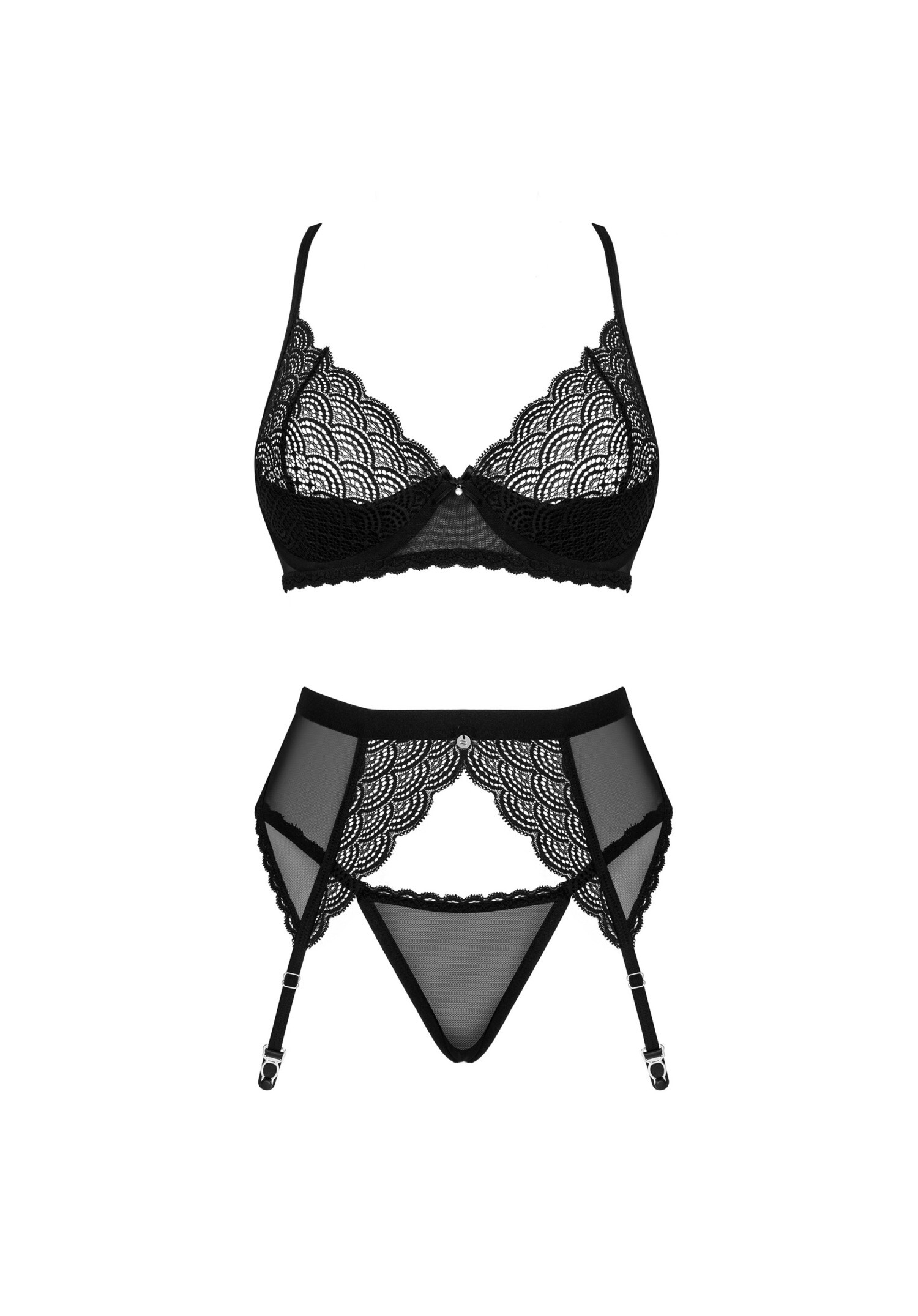 Obsessive - Chemeris 波浪紋蕾絲透視情趣內衣3件套 - XS/S/M/L/XL/XXL
