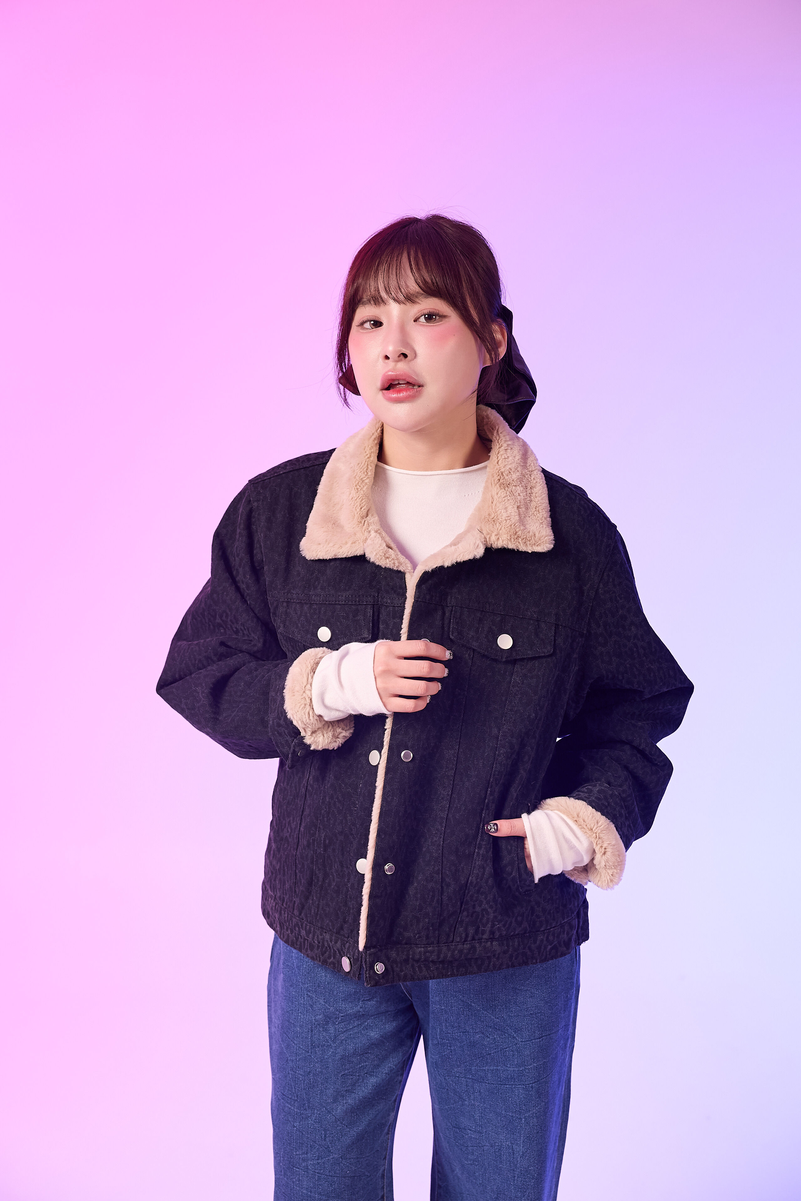 法朵Fado Shop｜豹紋🐈內加絨牛仔外套 8524017 灰