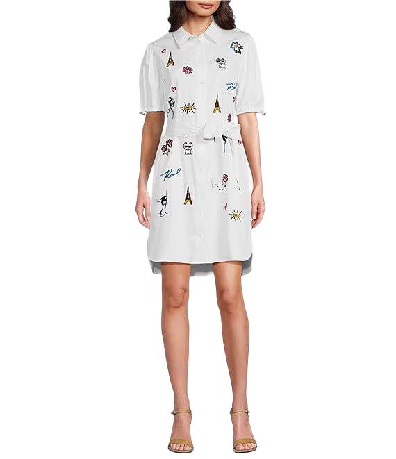 【Karl Lagerfeld Outlet】(女大) 刺繡小圖端莊襯衫風挺版洋裝 L4DB0902  白