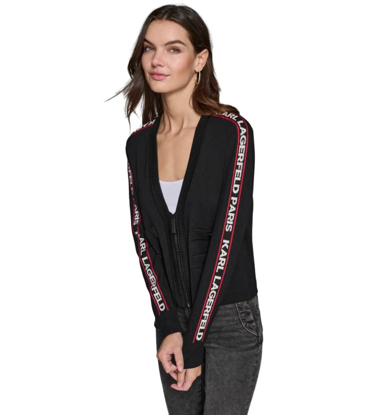 【Karl Lagerfeld Outlet】飾帶針織拉鍊外套 L4ZSS748 BLK  黑