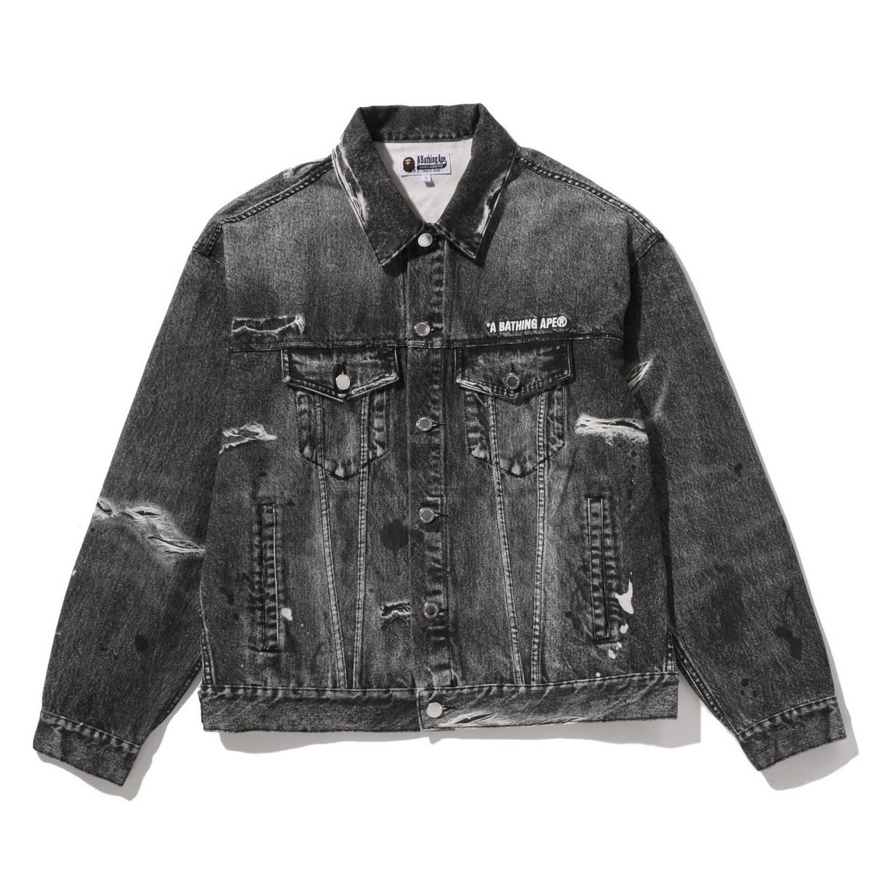 -(B3c01)-A BATHING APE BAPE FAKE PRINT TRUCKER JACKET 假破壞 印刷 丹寧外套 黑/藍-1M30140319