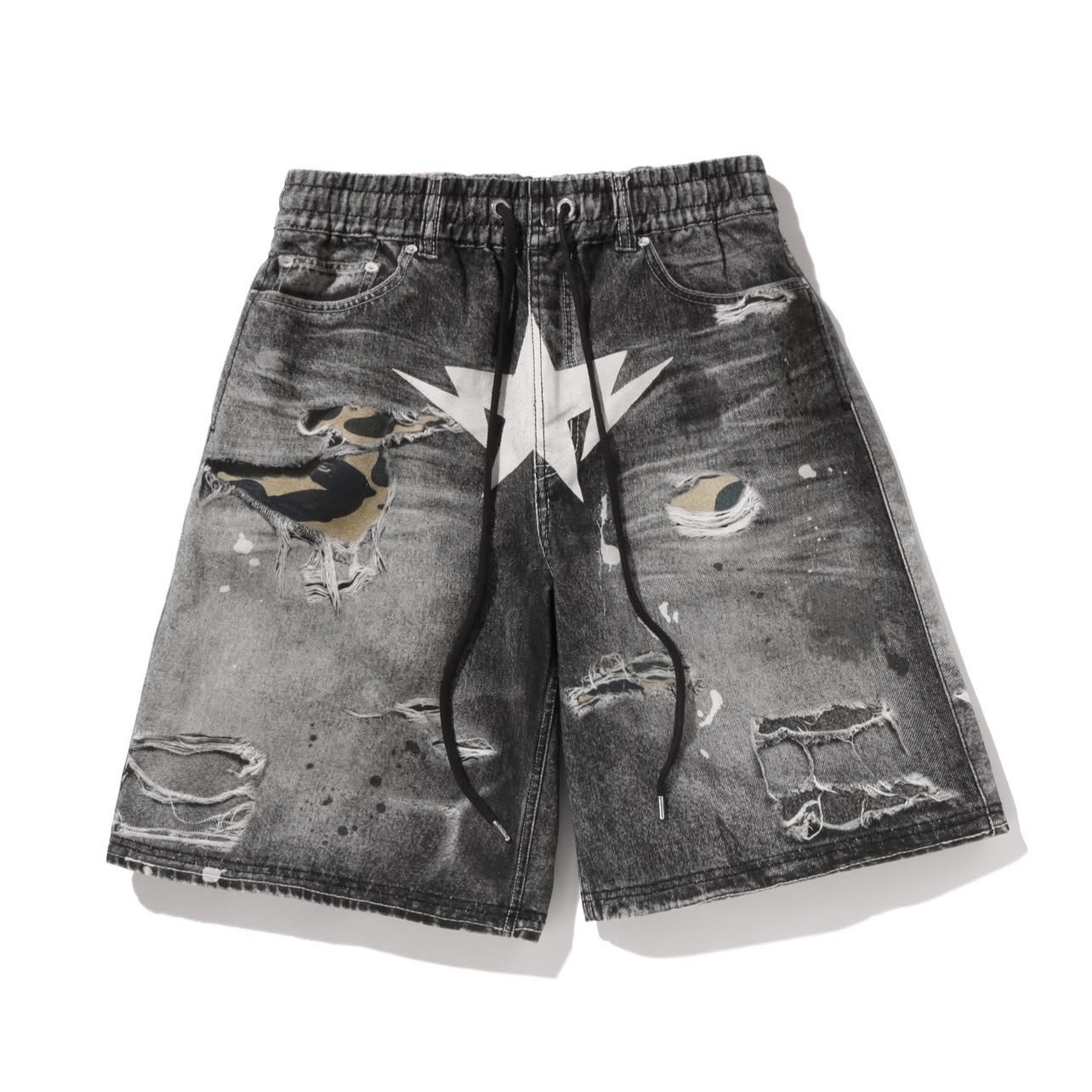 -(B3c01)-A BATHING APE BAPE STA FAKE PRINT RELAXED FIT SHORTS 假破壞印刷 流星 短褲 黑色/藍色-1M30151306