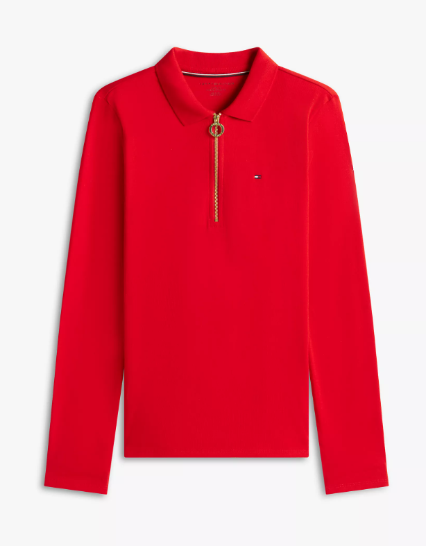 [S] TOMMY HILFIGER DEEP CRIMSON LONG-SLEEVE ZIP SLIM FIT POLO, 76J3175-605 (STH1566)