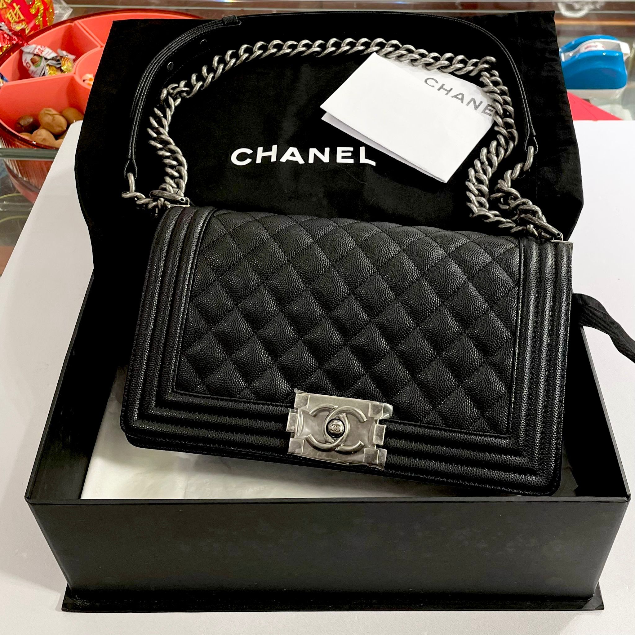 全新BOY CHANEL 25 A67086 黑色荔枝皮菱格/復古銀扣@晶片款 #香奈兒單肩包,Boy25, #BRAND NEW #香榭站正品