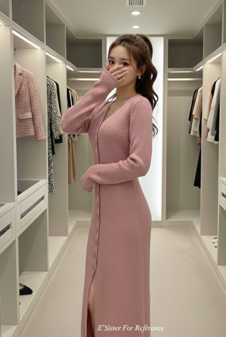 法式溫柔粉紅坑條排扣長袖連身裙 (C357)