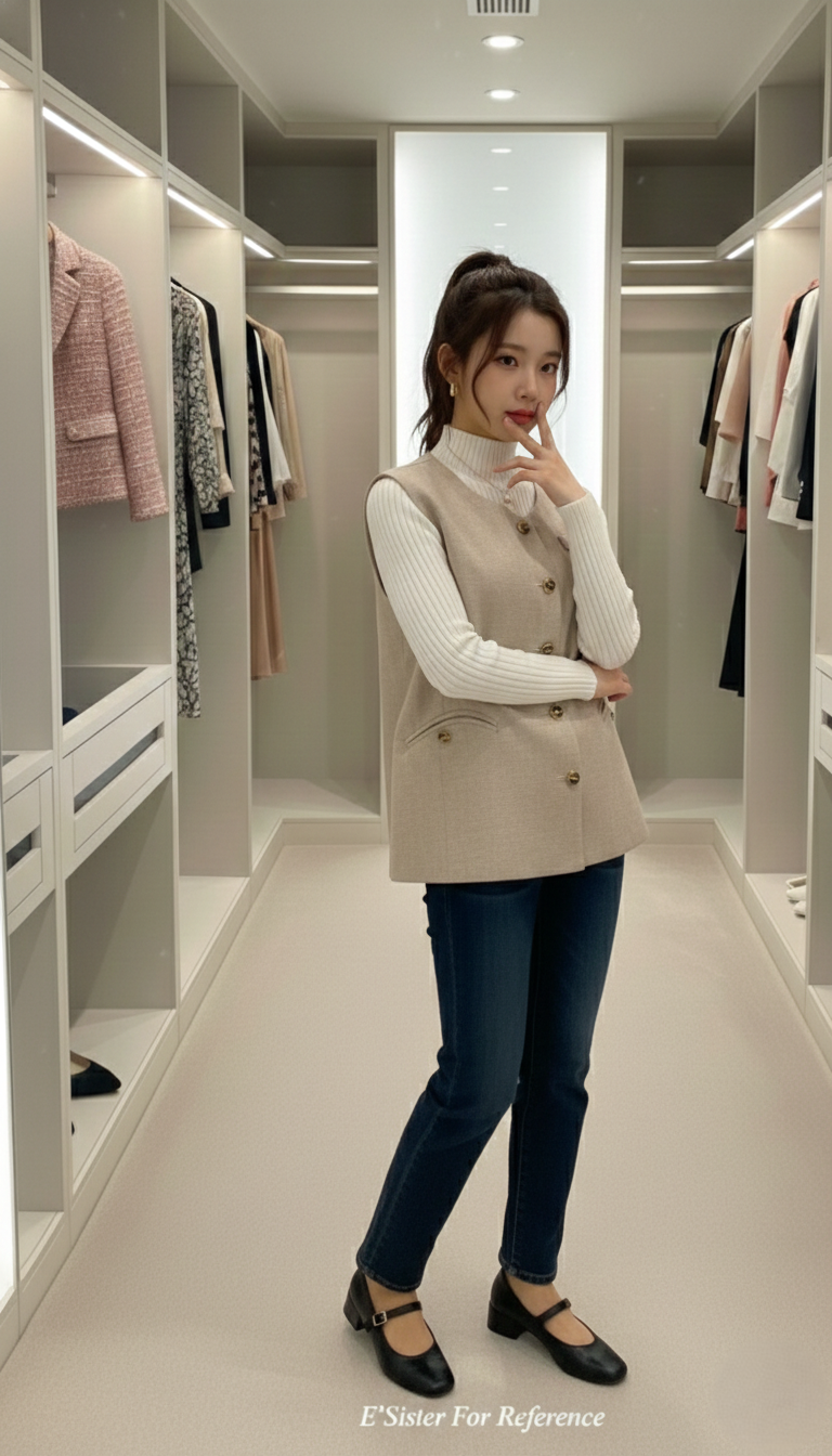 法式復古金釦斜紋編織背心 (C358)