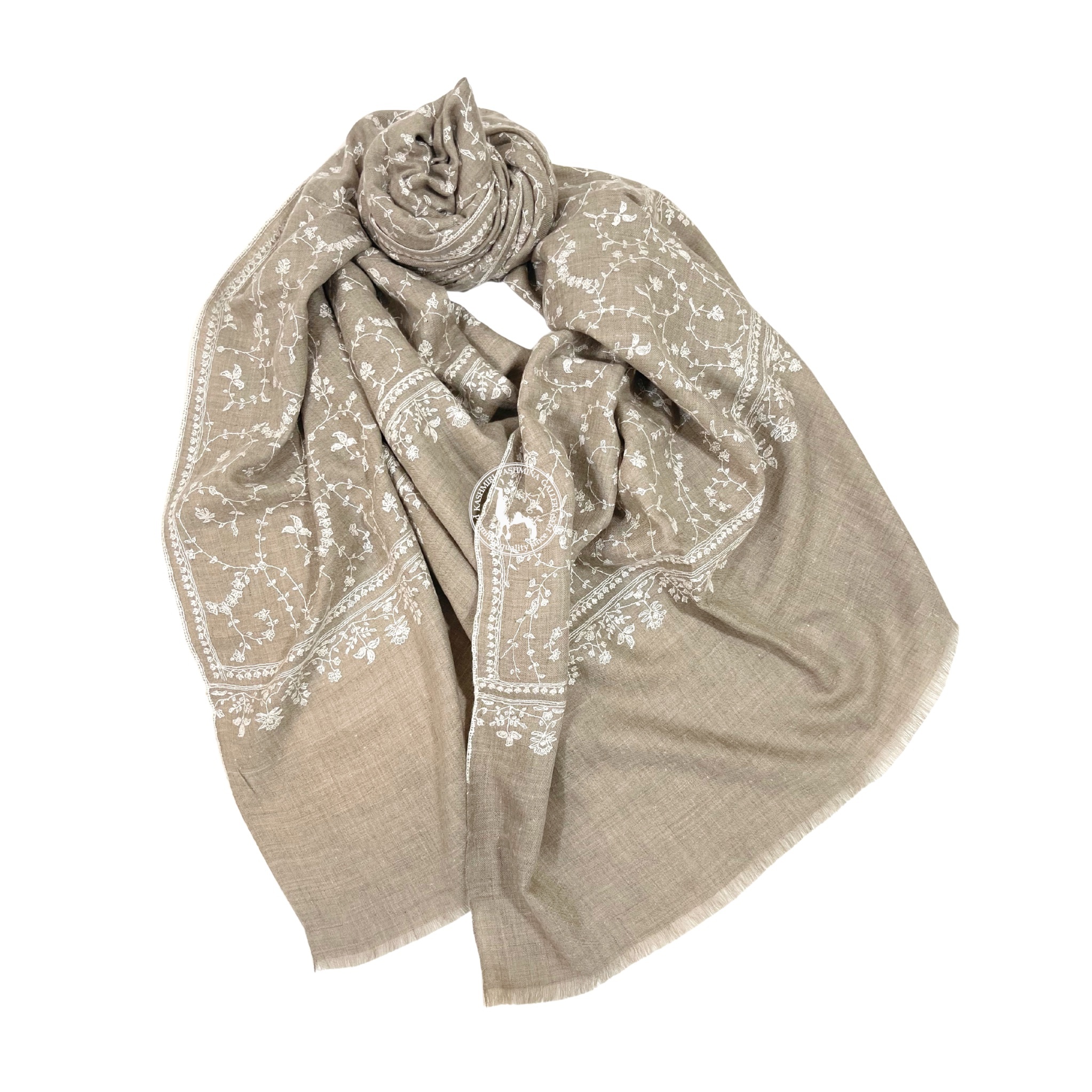 天然駝色索茲尼刺繡頸部羊絨披肩圍巾