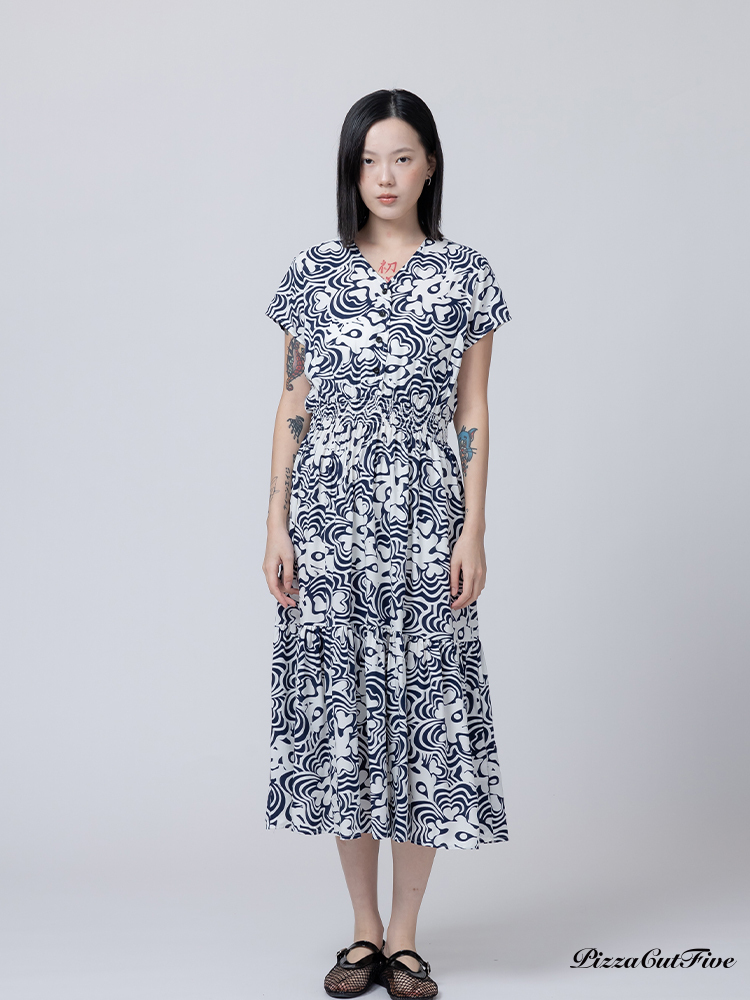 [兩件1580｜涼感洋裝]波紋花朵短袖縮腰洋裝 PizzaCutFive PCF262485010