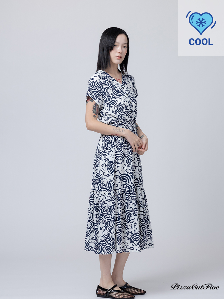 [兩件1580｜涼感洋裝]波紋花朵短袖縮腰洋裝 PizzaCutFive PCF262485010