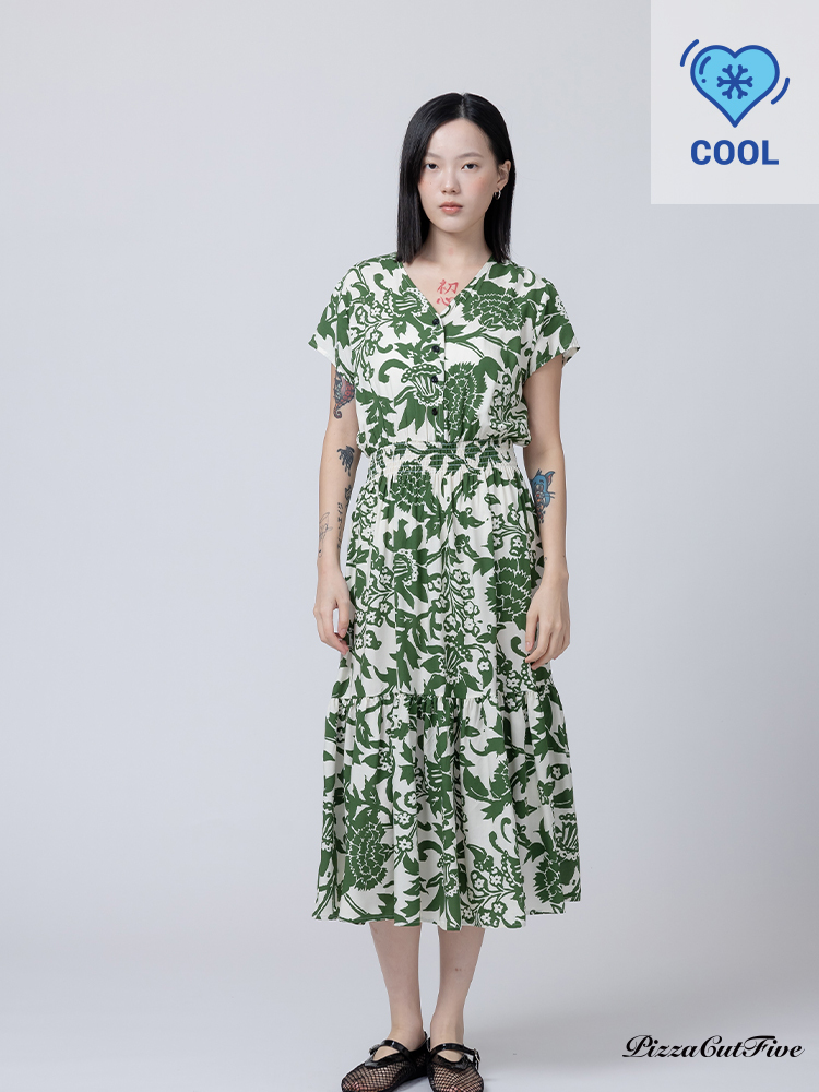 [兩件1580｜涼感洋裝]綠意翩翩短袖縮腰洋裝 PizzaCutFive PCF262485012
