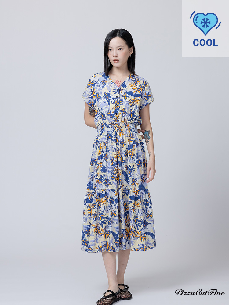 [兩件1580｜涼感洋裝]塗鴉花朵短袖縮腰洋裝 PizzaCutFive PCF262485013