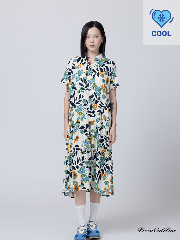 [兩件1580｜涼感洋裝]葉子立領短袖連身洋裝 PizzaCutFive PCF262485034