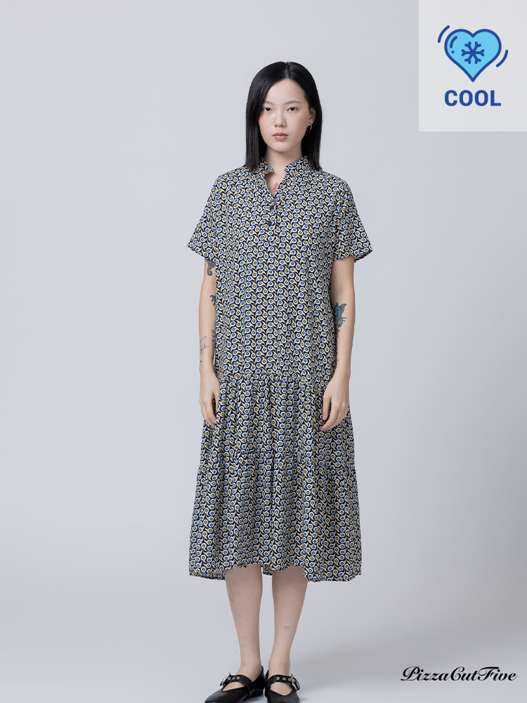 [兩件1580｜涼感洋裝]腰果圖紋立領短袖連身洋裝 PizzaCutFive PCF262485029