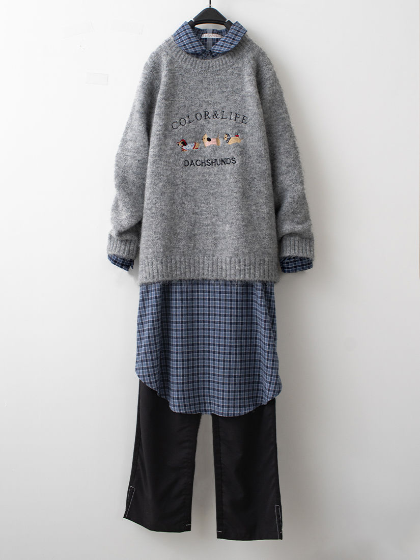 繡花針織毛衣輕磨毛洋裝拚色長褲