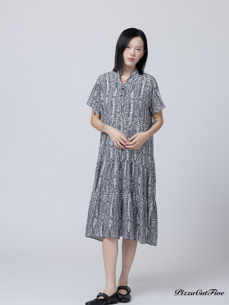 [兩件1580｜涼感洋裝]復古圖騰立領短袖連身洋裝 PizzaCutFive PCF262485027