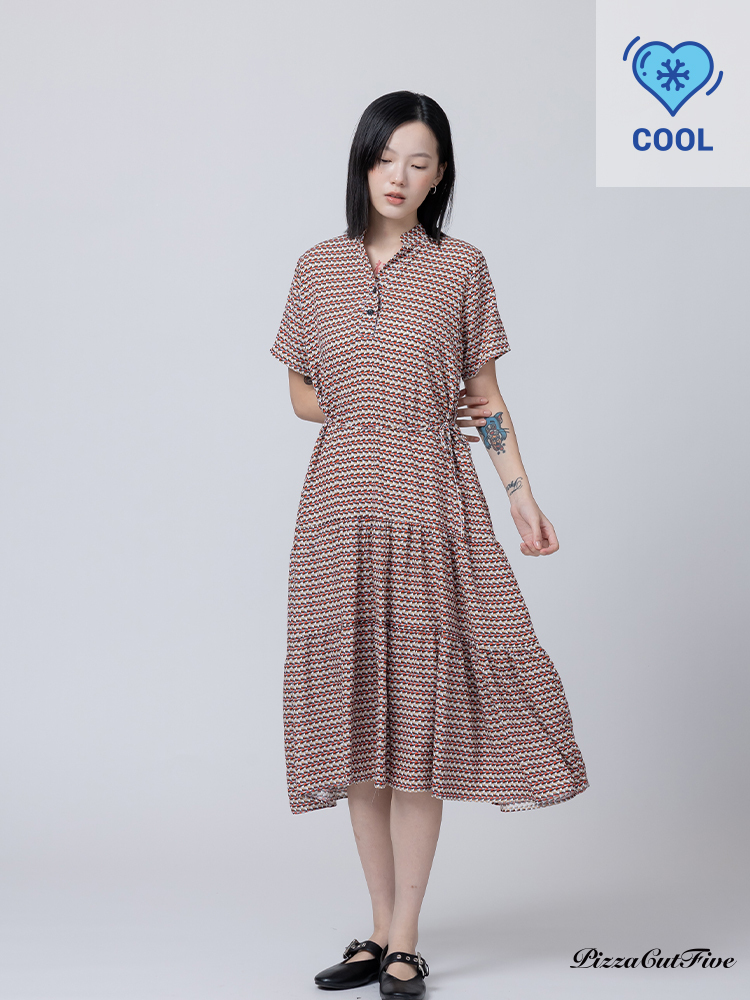 [兩件1580｜涼感洋裝]幾何交錯立領短袖連身洋裝 PizzaCutFive PCF262485031