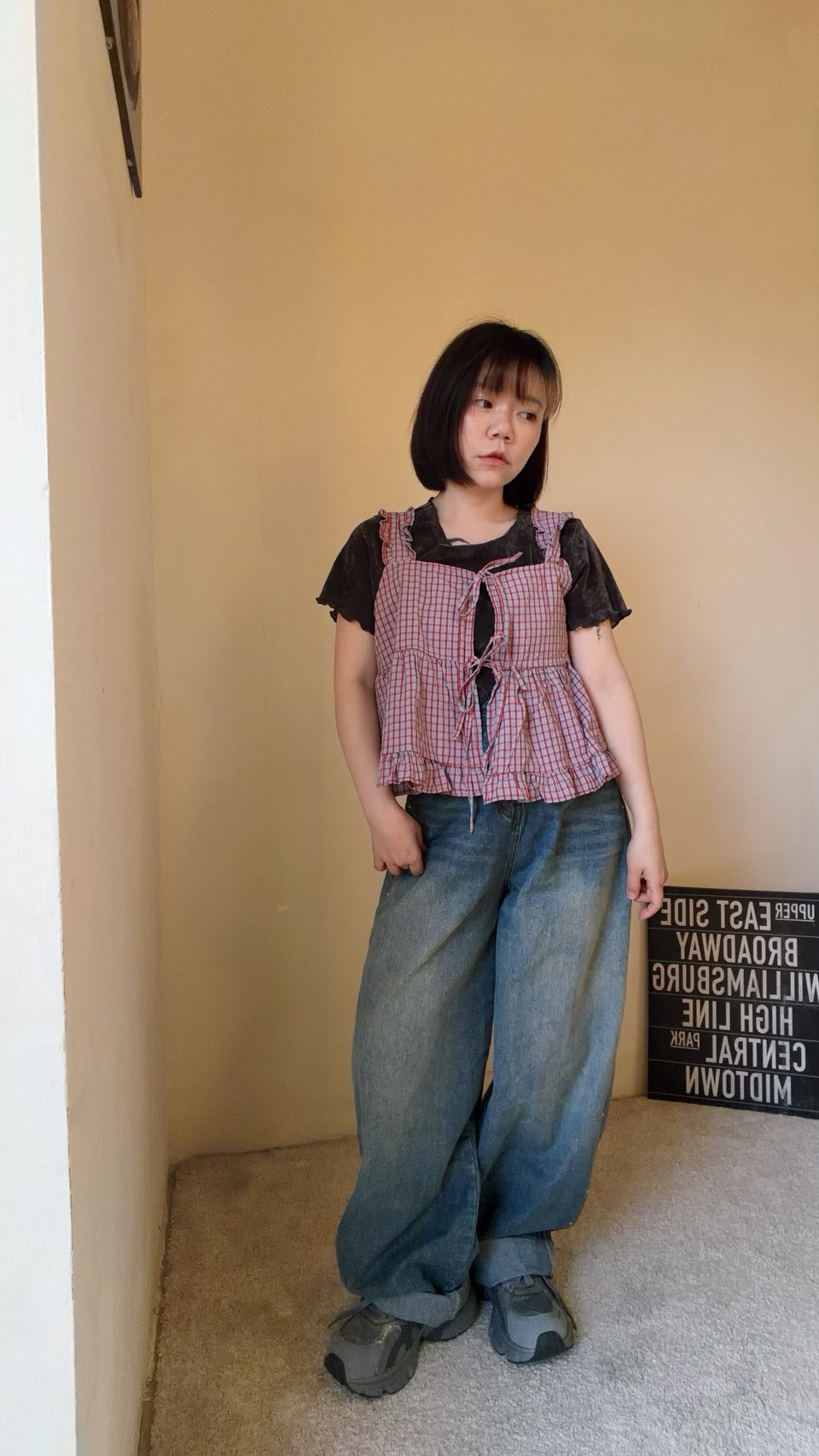 雙綁帶荷葉格子背心S