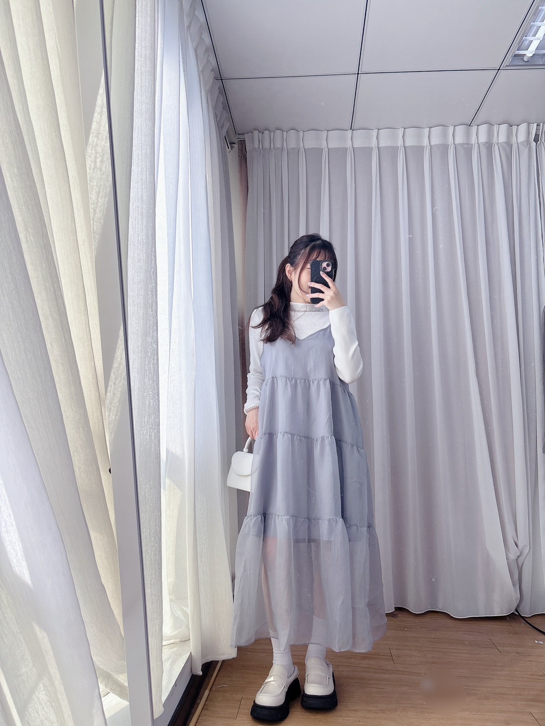 細肩微透膚蛋糕罩衫洋S