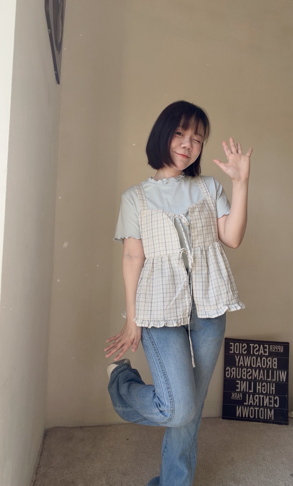 日系格紋滾邊背心