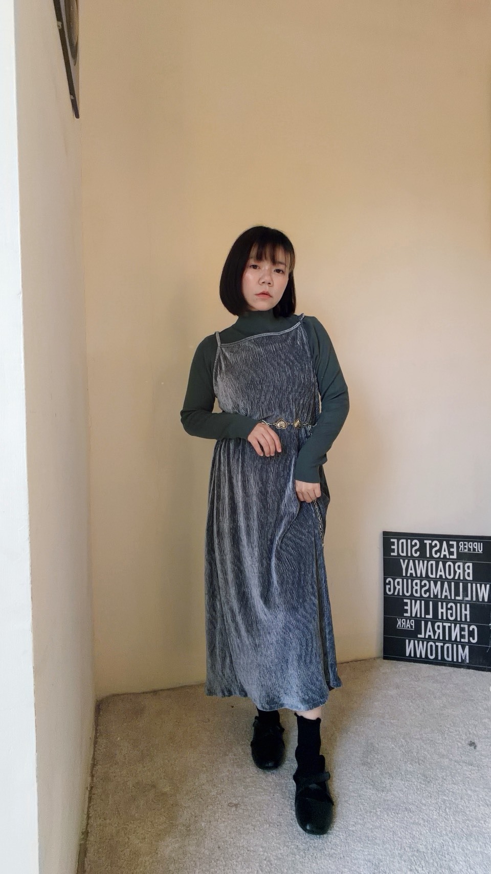 側抓皺金絲絨洋裝