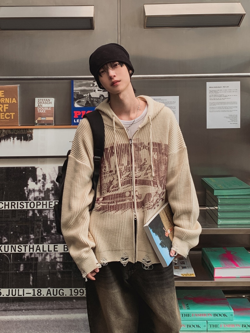 汽車印花連帽拉鍊針織衫