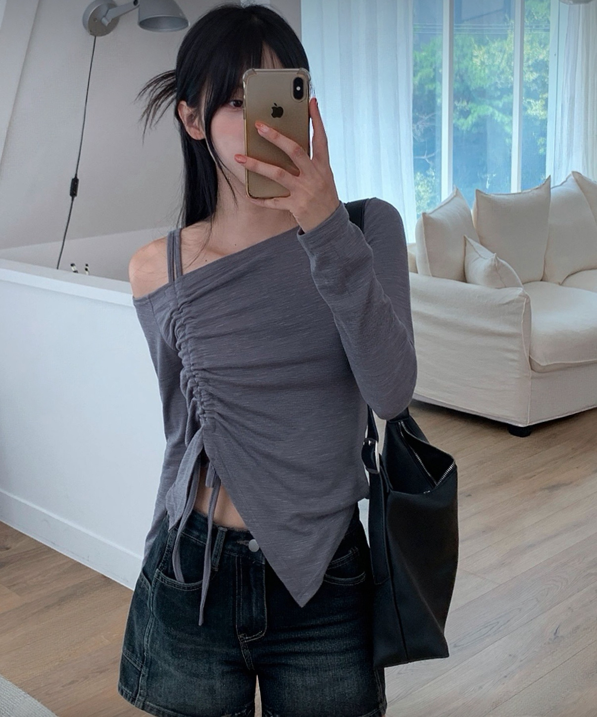 側開衩索帶露肩上衣