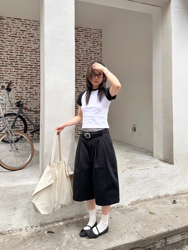 代購-NOFAITH 日系 復古 純色 七分褲 休閒褲 短褲