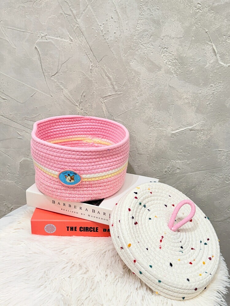 『粉色』漸層小圓標狗狗置物籃(附蓋)『約22*14cm』