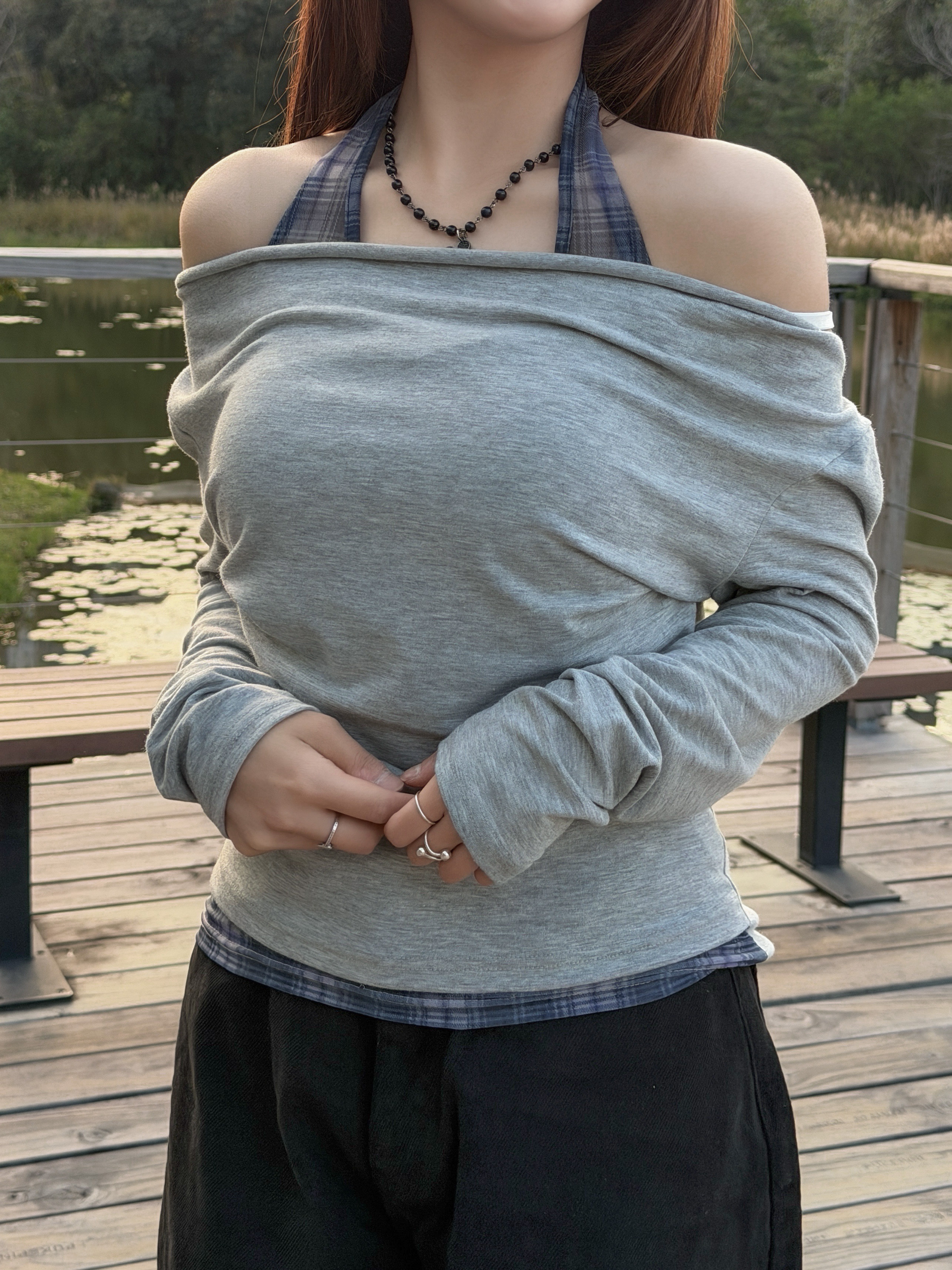 輕薄格紋網紗掛頸背心假兩件上衣