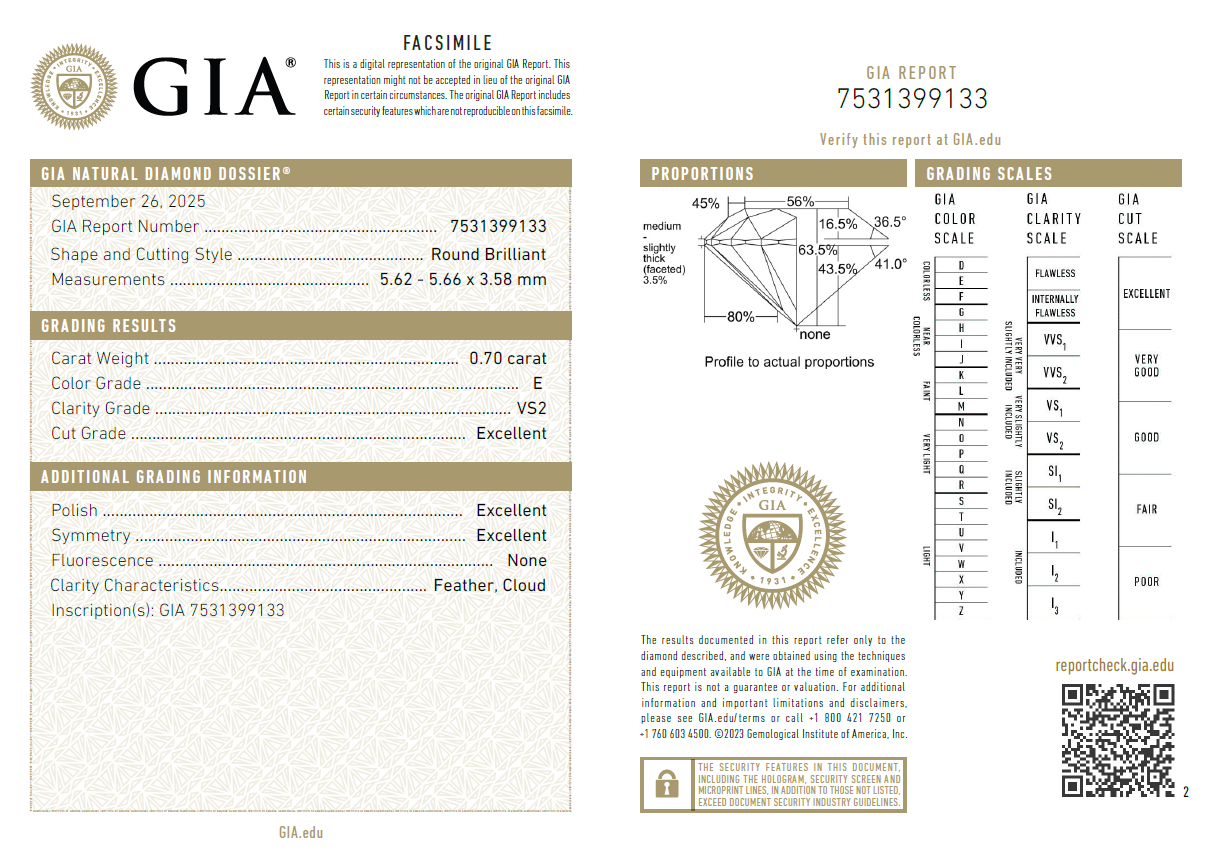 GIA鑽石 0.70 E VS2 3EX NON