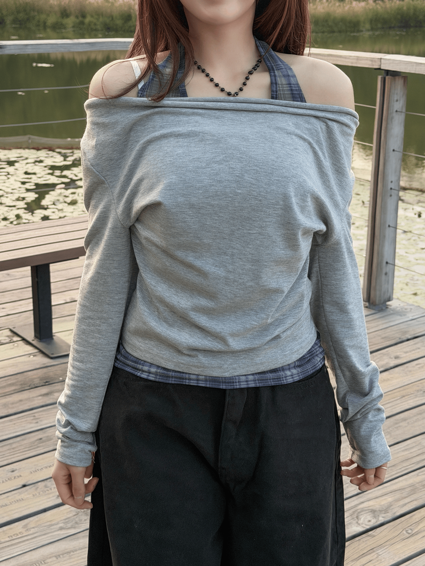 輕薄格紋網紗掛頸背心假兩件上衣