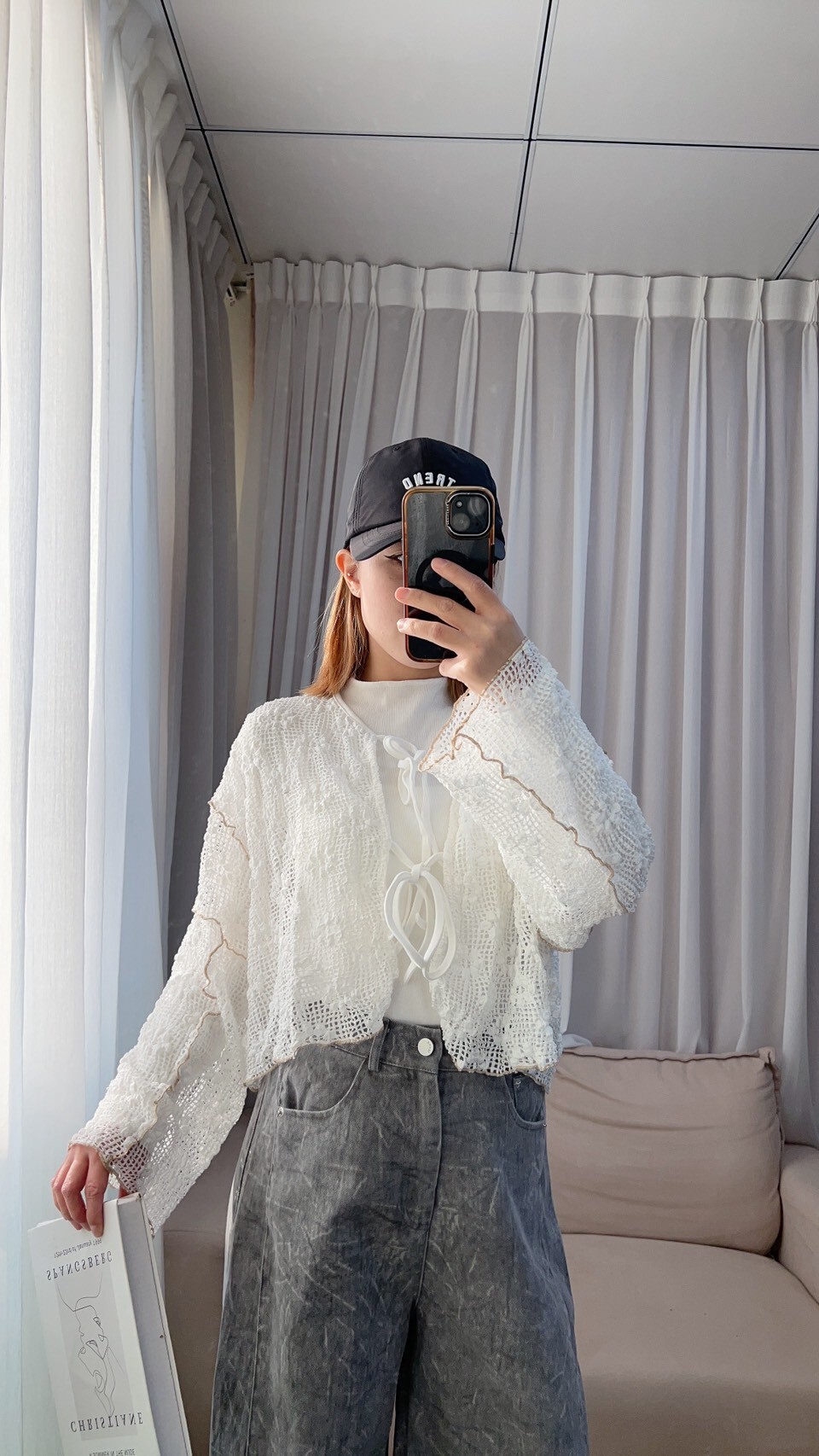 花花簍空綁帶長袖罩衫外套(預購到三月中就下架)