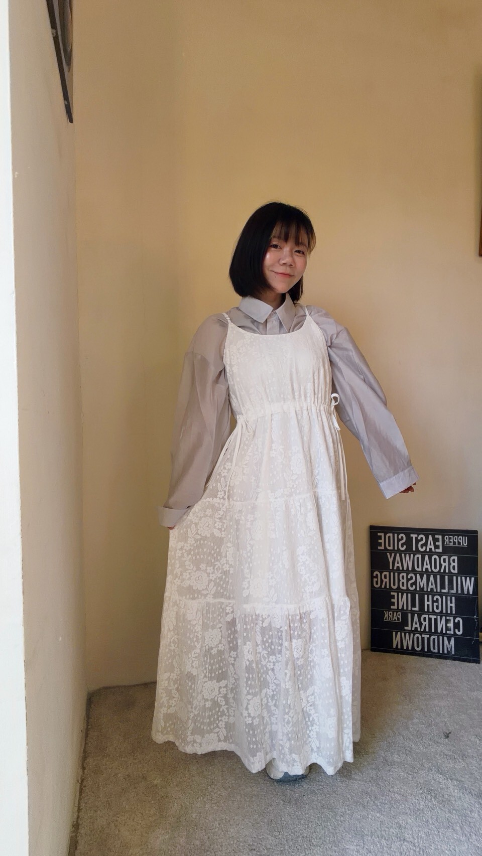 側綁帶花花吊帶長洋