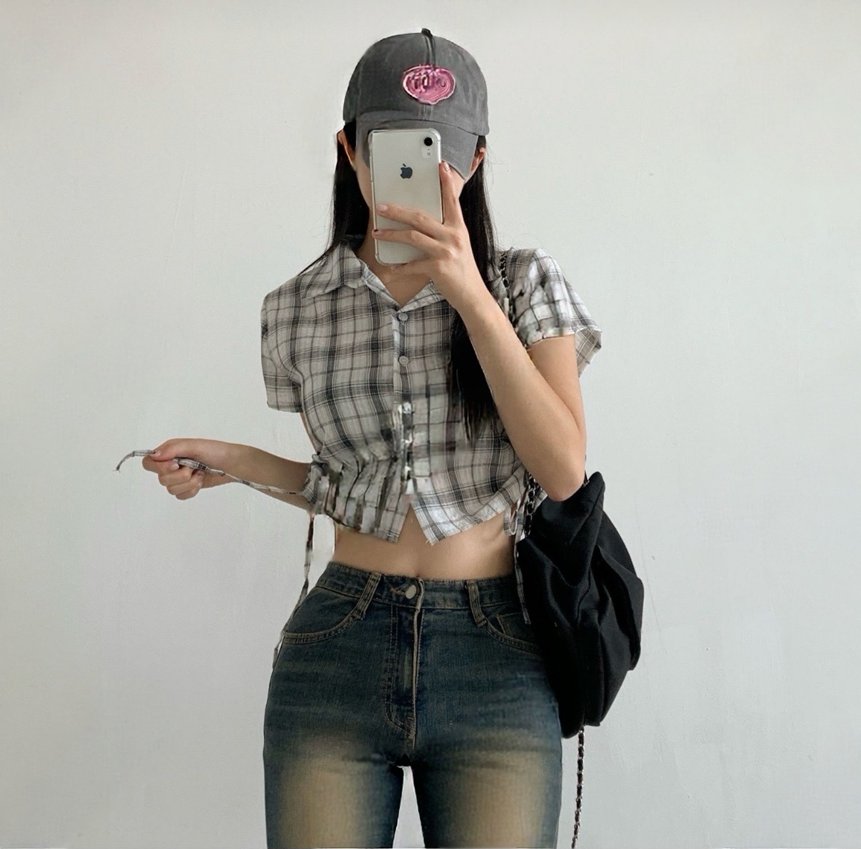 短袖格仔索帶襯衫