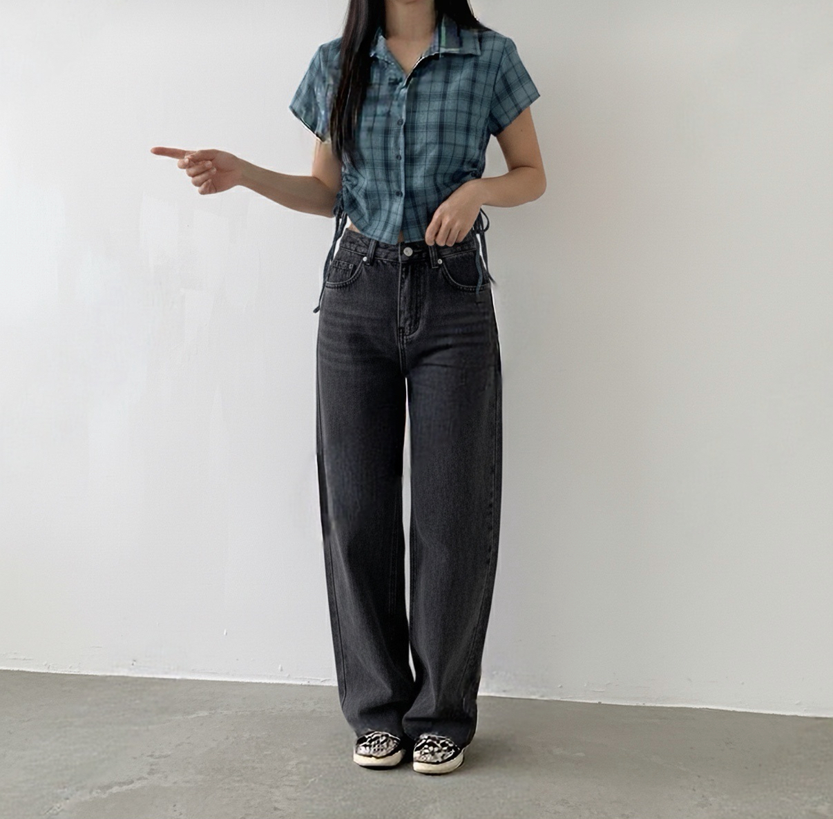 短袖格仔索帶襯衫