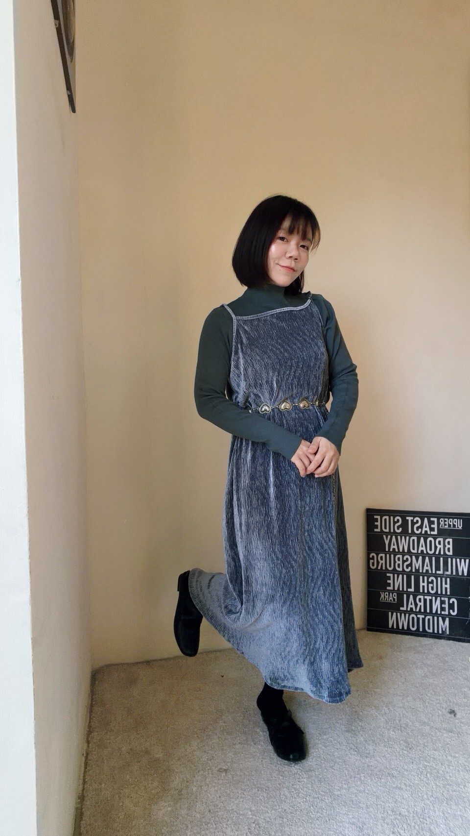 側抓皺金絲絨洋裝