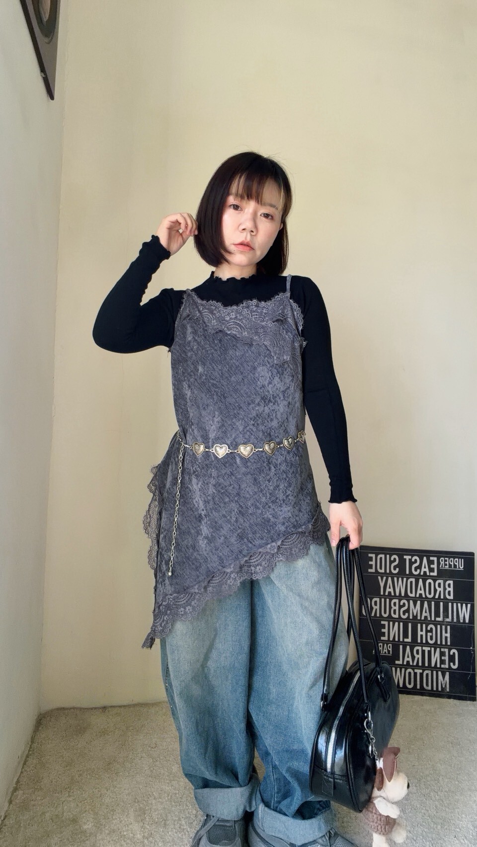 Irregular hem lace long spaghetti strap vest