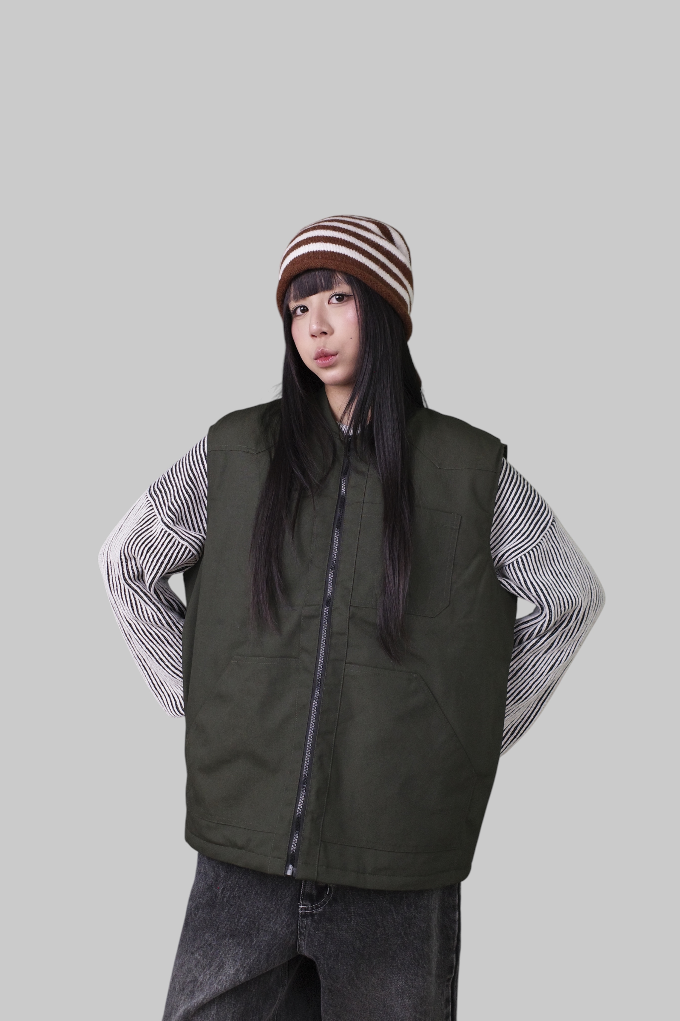 『Always_Good』立領 拼接格紋 帆布 工裝 背心