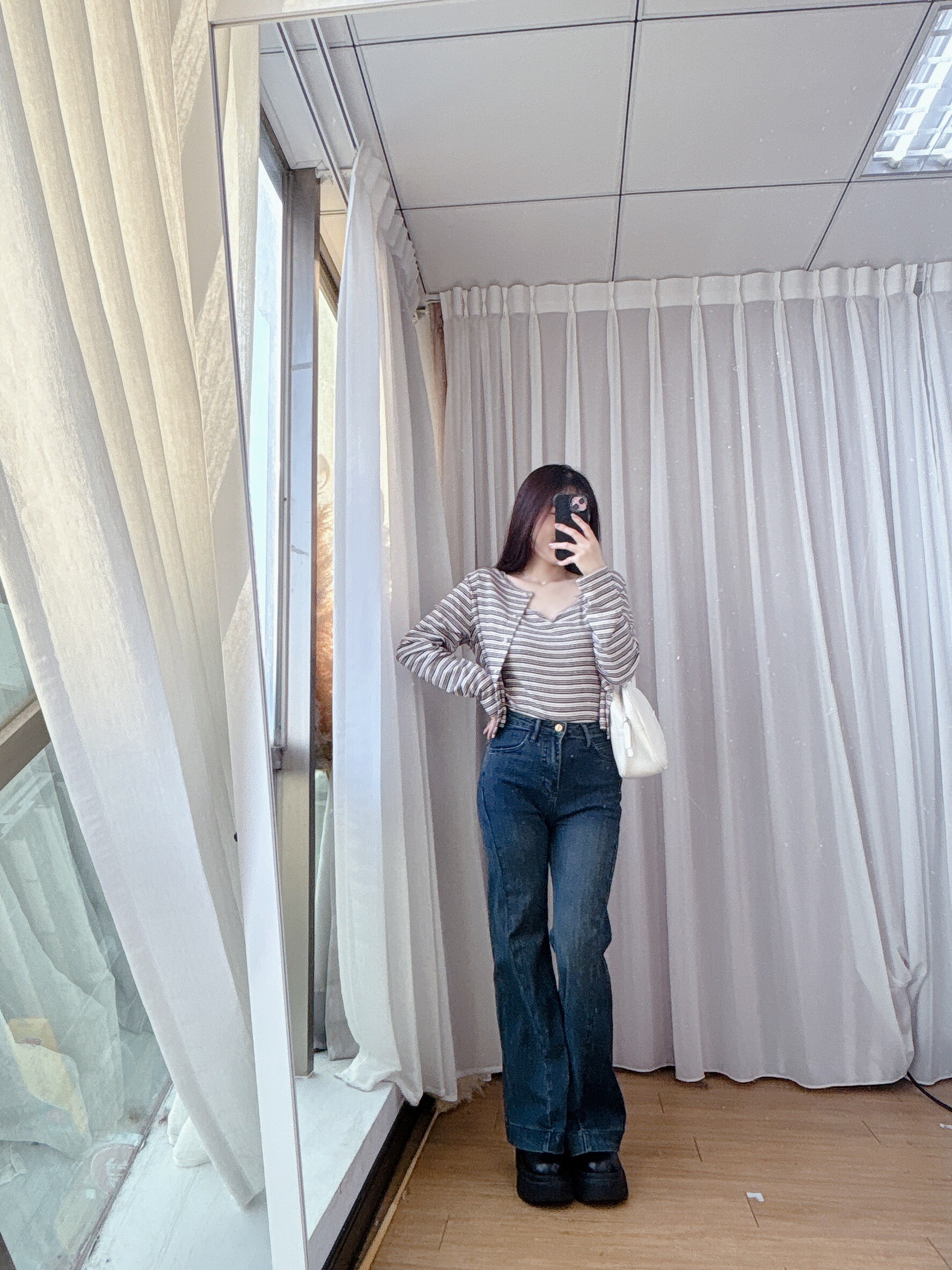 車線彈力牛仔喇叭褲