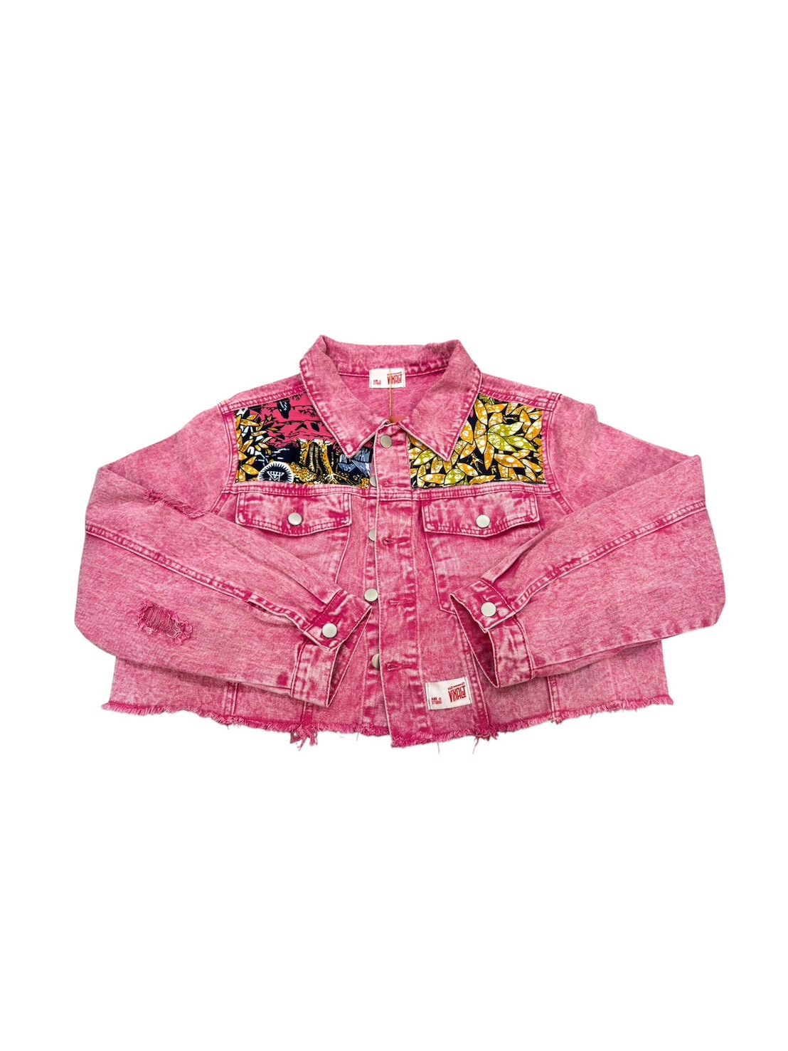 Annstudio-胭脂粉 拼接短版牛仔外套