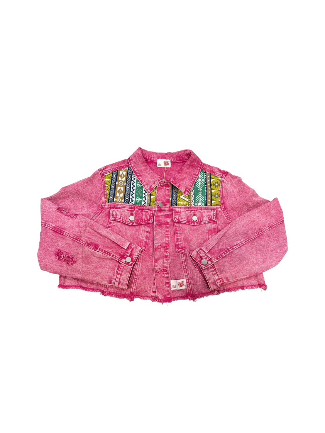 Annstudio-胭脂粉 拼接短版牛仔外套