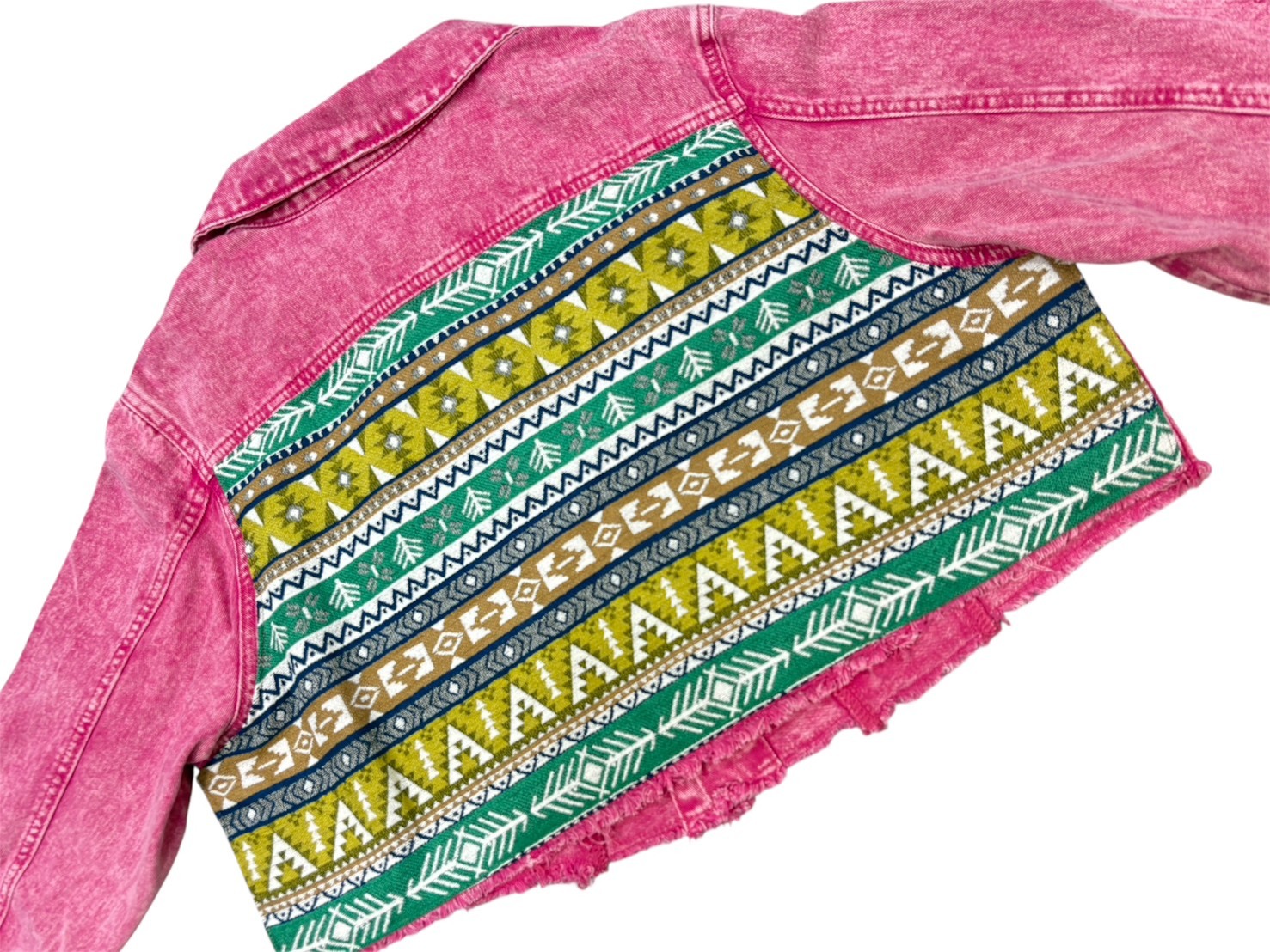 Annstudio-胭脂粉 拼接短版牛仔外套