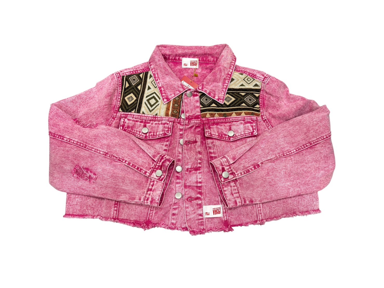 Annstudio-胭脂粉 拼接短版牛仔外套