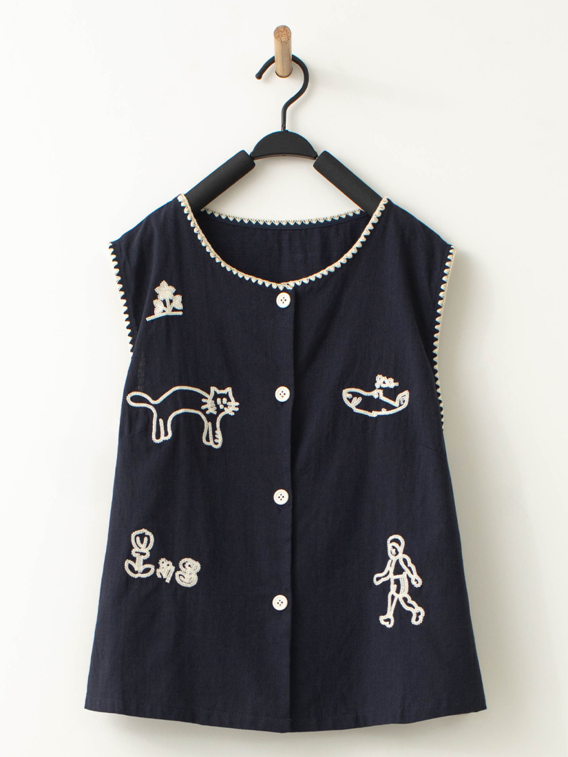 棉麻感貓咪鯨魚鎖鏈縫穿搭背心