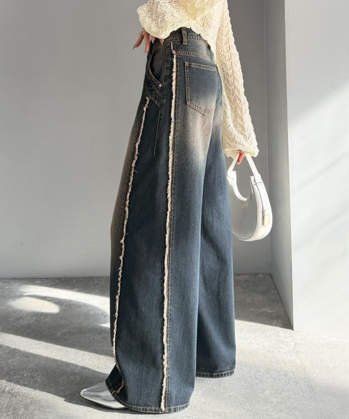 日本🇯🇵連線 Mily Bilet 高腰側流蘇設計感牛仔寬褲 流蘇 寬褲 牛仔褲 落地褲 長褲 直筒褲 闊腿褲 3色(任買兩件711免運)/預購